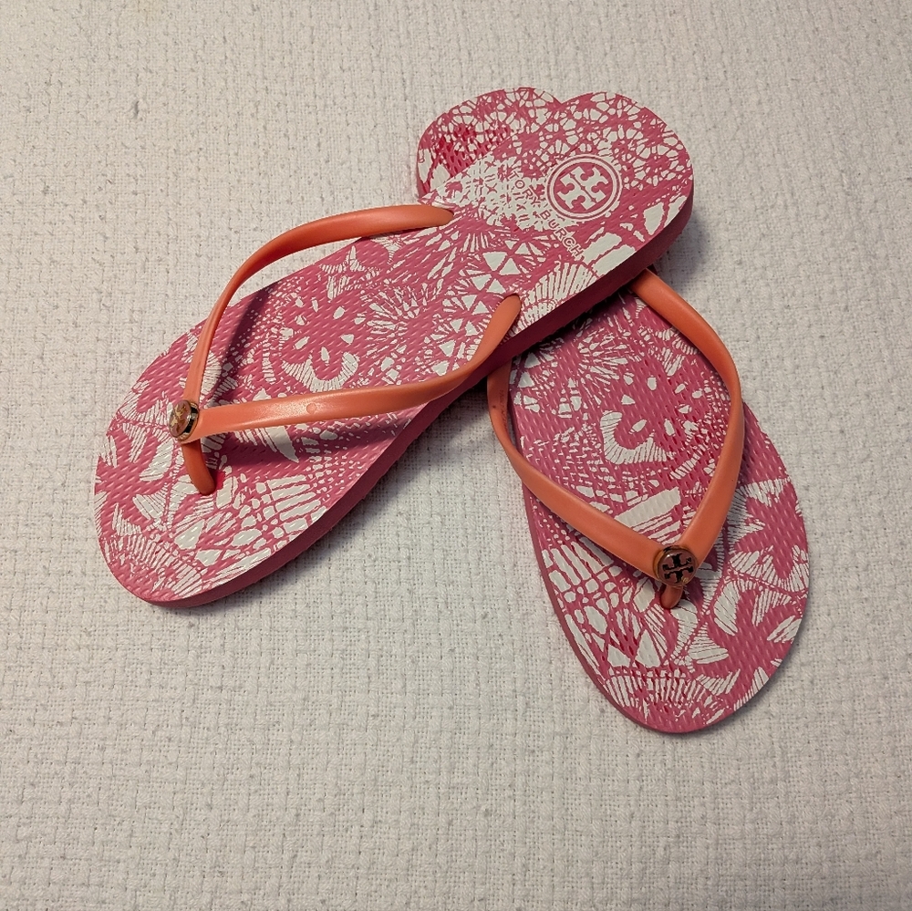 Tory Burch Pink Floral Flip-Flop Sandals with Coral Straps